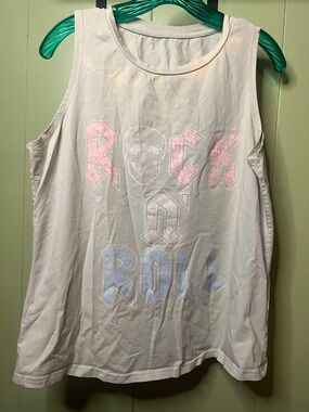 White Sleeveless 'Rock N' Roll' Graphic Tank
